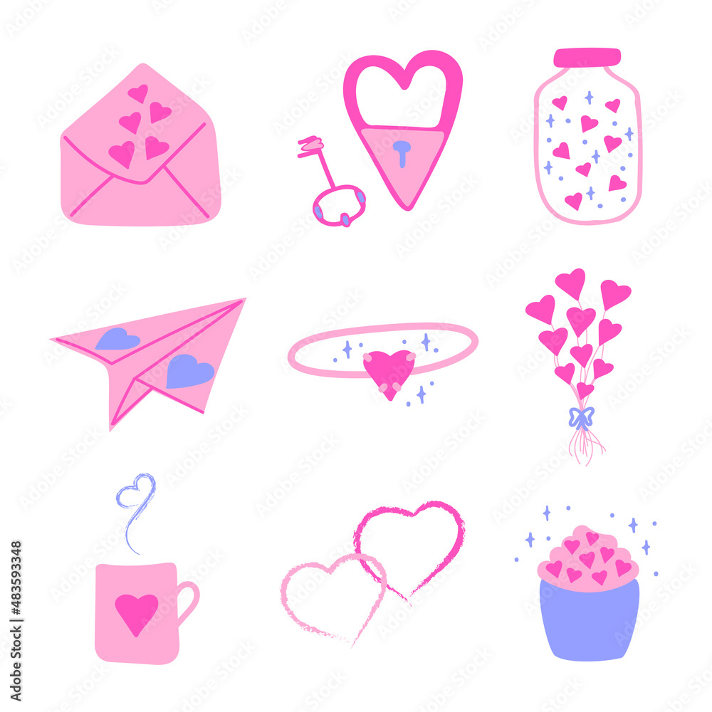 A set of romantic clipart for designing projects, postcards, creating patterns, banners. Simple flat vector illustration