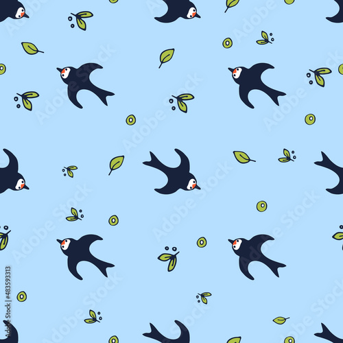 Swallow-bird with a twig. Flying swallows. Bird in flight isolated on blue background. Vector illustration
