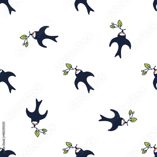 Swallow-bird with a twig. Flying swallows. Bird in flight isolated on wite background. Vector illustration