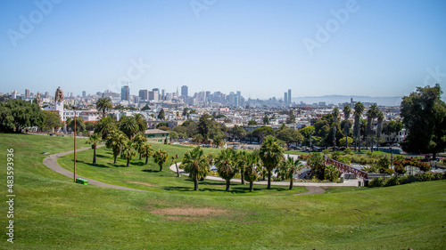San Francisco, California, USA - August 2014: Mission Dolores Park with San Francisco downtown skyline photo
