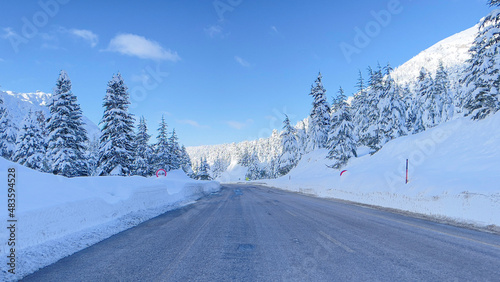 transportation, traffic and magnificent views on mountainous roads in winter