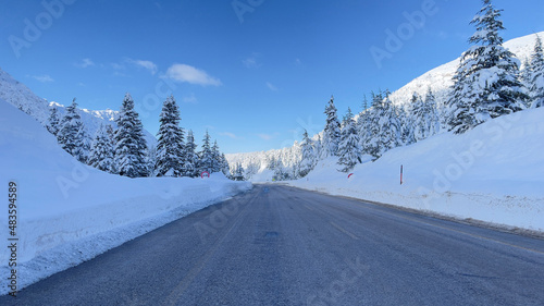 transportation, traffic and magnificent views on mountainous roads in winter