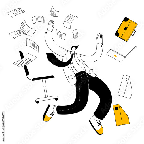 A manl in a business suit is flying among office supplies and papers. Vector illustration in contour style on the theme of work in the office.