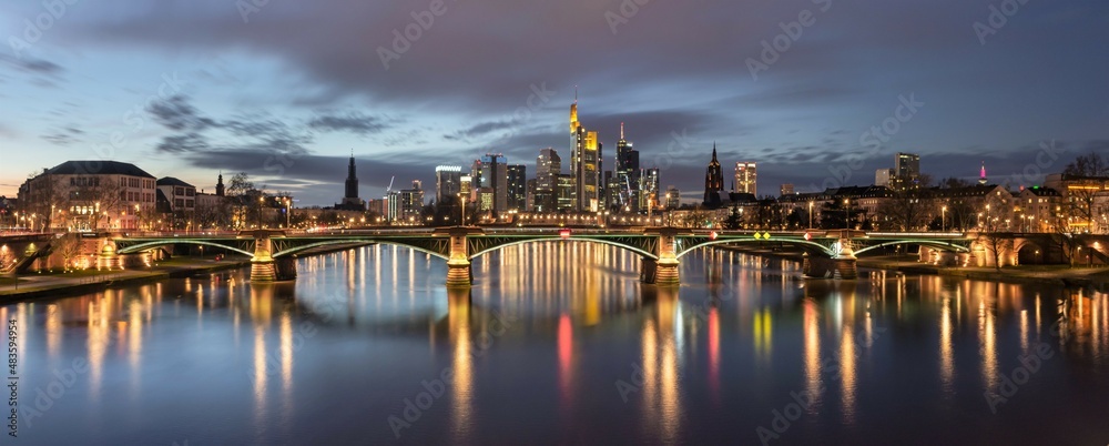 Panoramic view at twilight of Frankfurt am Main in Germany.