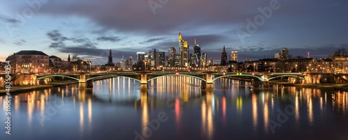 Panoramic view at twilight of Frankfurt am Main in Germany.