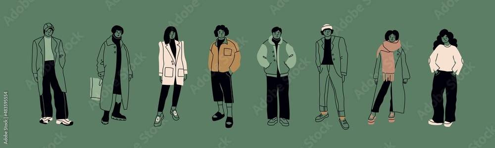 Street fashion look. Young men and women dressed in stylish trendy oversized clothing. Models standing in various poses. Korean japanese asian cartoon style. Hand drawn Vector isolated illustrations Street fashion look. Young men and women dressed in stylish trendy oversized clothing. Models standing in various poses. Korean japanese asian cartoon style. Hand drawn Vector isolated illustrations
