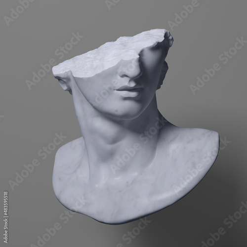 3D rendering illustration of a broken marble fragment of head sculpture in classical style in monochromatic grey tones isolated on greyscale shadow background.  photo