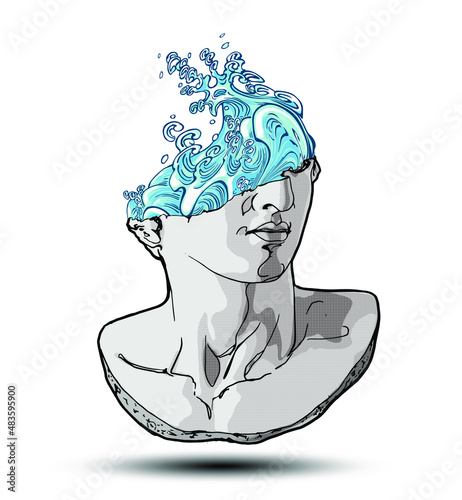 Vector hand drawn illustration of classical sculpture fragment of colossal head with stormy sea with waves flowing from the broken side. Isolated on white background.