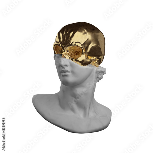 Photo Concept illustration from 3D rendering illustration of a broken marble classical head sculpture with shiny golden skull isolated on white background