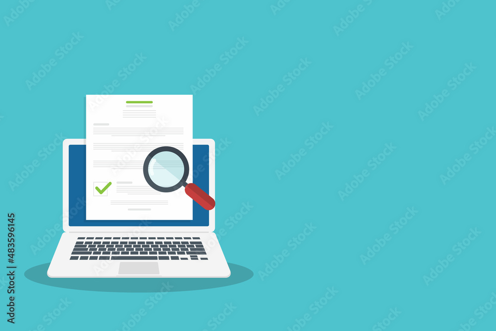 Online digital document inspection or assessment evaluation on laptop computer, contract review, analysis, inspection of agreement contract, compliance verification. Vector illustration	
