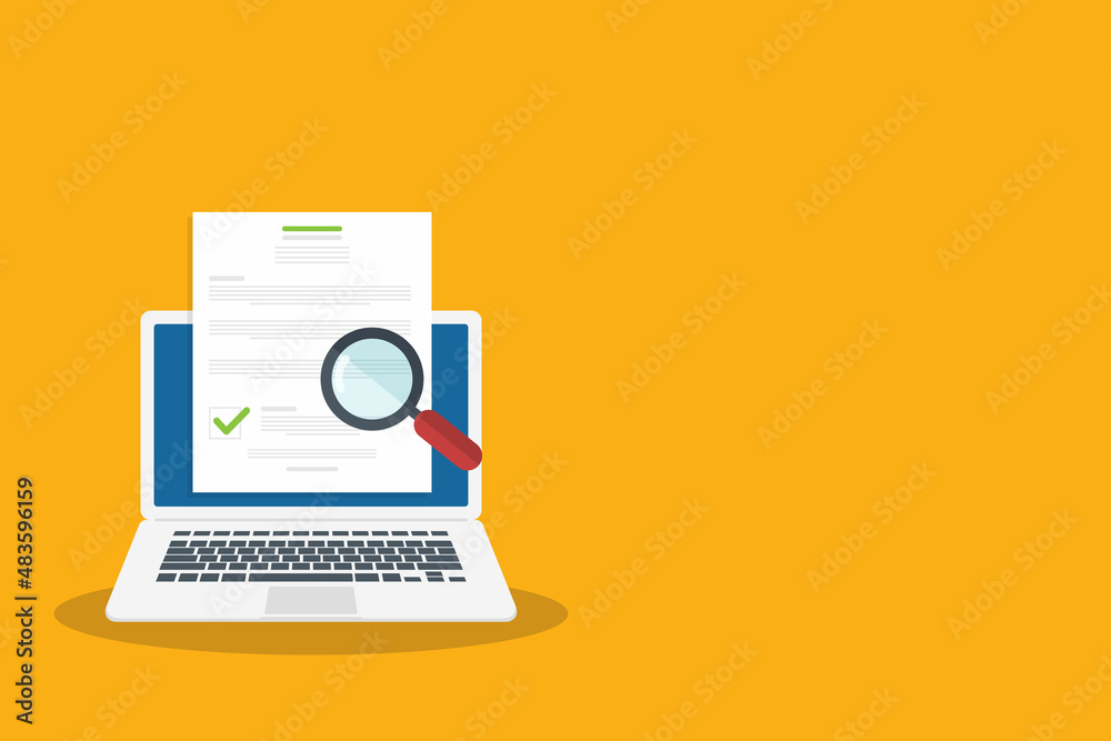 Fototapeta premium Online digital document inspection or assessment evaluation on laptop computer, contract review, analysis, inspection of agreement contract, compliance verification. Vector illustration 