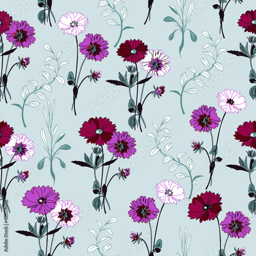 Aster and dahlia flowers with leaves floral pattern on a blue background.