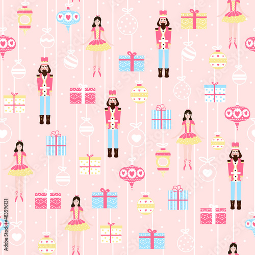 Christmas seamlesss pattern with nutcracker character and ballerina on light pink background with gift boxes, xmas balls