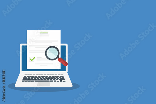 Online digital document inspection or assessment evaluation on laptop computer, contract review, analysis, inspection of agreement contract, compliance verification. Vector illustration	