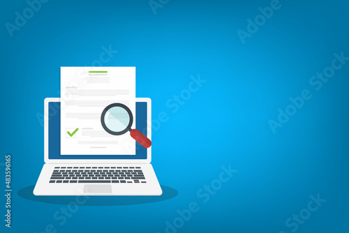 Online digital document inspection or assessment evaluation on laptop computer, contract review, analysis, inspection of agreement contract, compliance verification. Vector illustration	