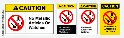 Caution Metallic article sign. Yellow triangle symbol.