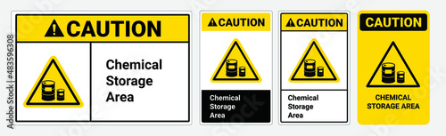 Caution Chemical storage area sign. Yellow triangle symbol. © Mouby Studio