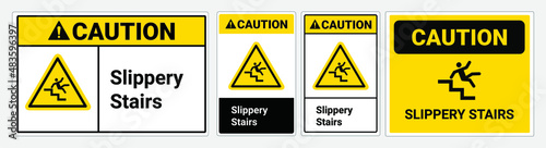 Caution Slippery Stairs. Vector sign Yellow triangle symbol.