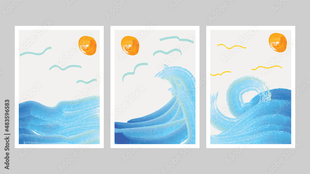 Set of creative minimalist sea hand painted illustrations for wall decoration, postcard or brochure cover design. Vector EPS10