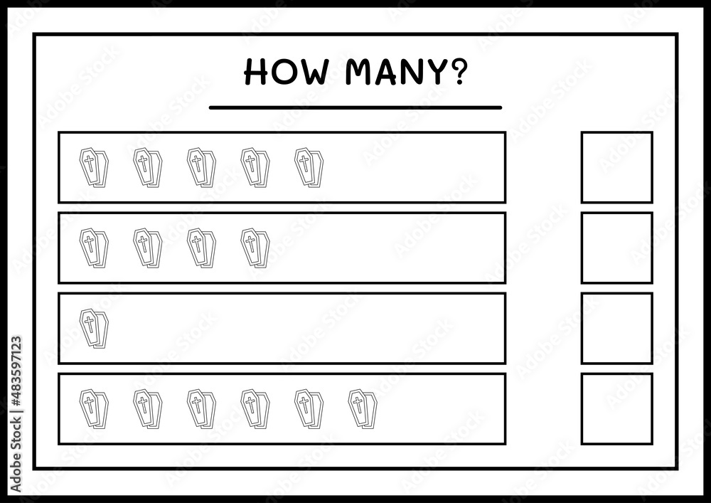 How many Coffin, game for children. Vector illustration, printable worksheet How many Coffin, game for children. Vector illustration, printable worksheet