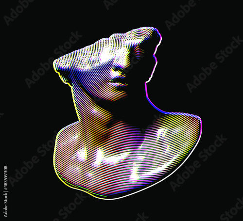 Vector CMYK offset print effect in circle halftone of broken classical style head sculpture fragment from 3d rendering isolated on black background. 