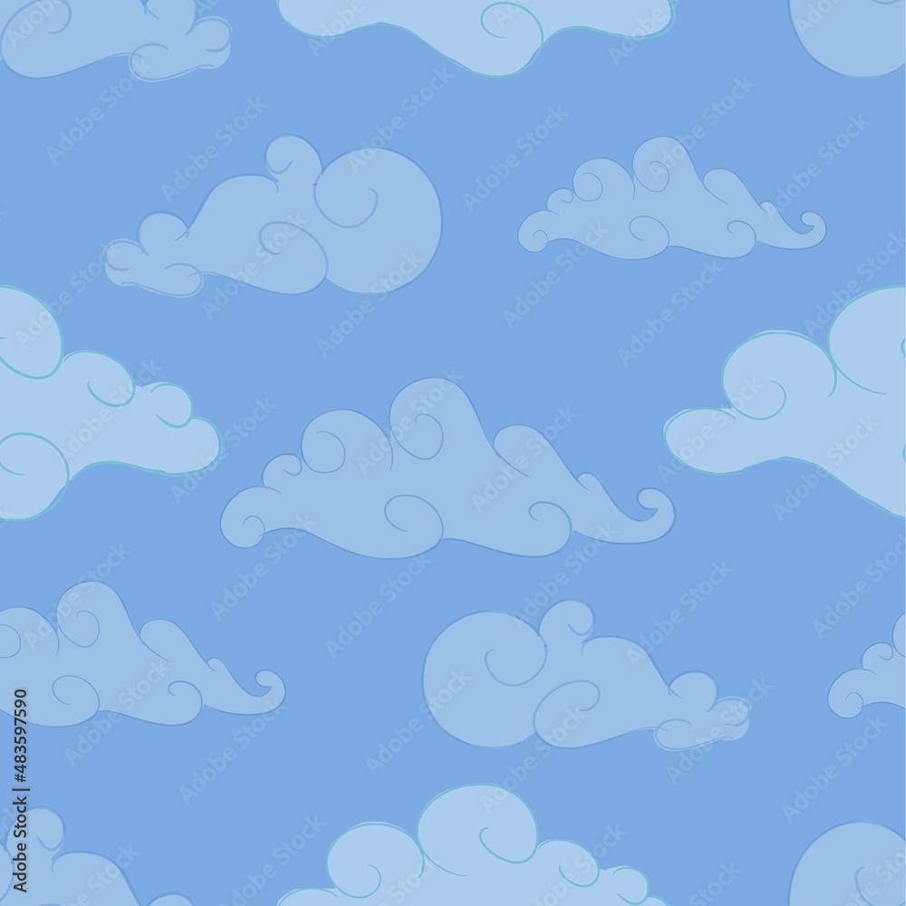 Beautiful seamless pattern. Valentines day card with hand drawn clouds on blue sky background. Vector illustration