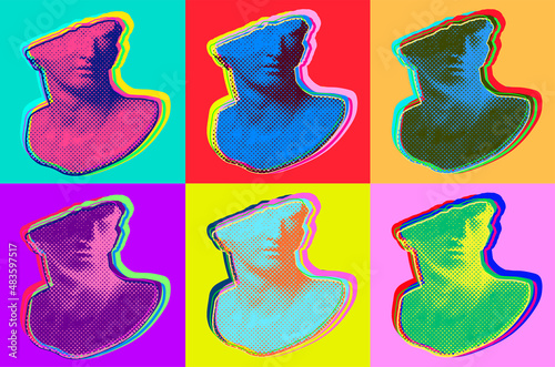 6 different screen printing dot halftone graphics of broken classical head sculpture from 3d rendering on colorful backgrounds. Vector illustration in pop art style.