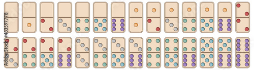 Realistic domino full set of domino with different color dots. Hand-drawn vector collection of domino set of 28 tiles. Simple flat illustration. Domino bones. Board games.