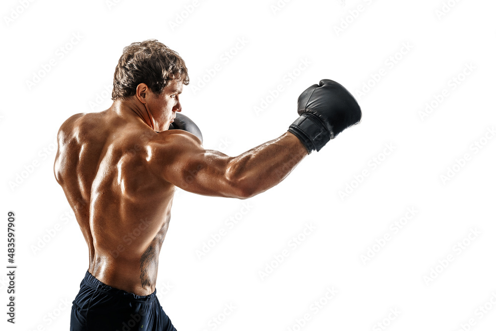 Side view of boxer in gloves who training and practicing right hook on white background. sport concept 