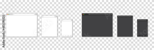 Web browser window mockup set. Black and white resume. Transparent background. Desktop, tablet and mobile template of browser.Vector illustration.