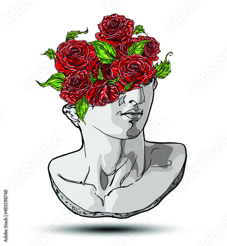 Vector hand drawn illustration of classical sculpture fragment of colossal head with red roses and leaves coming from the broken side. Isolated on white background.