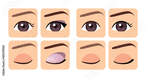 Eye and Eyebrow Make Up. Before After. Set of Icons. Open and Closed eye. Applying Cosmetics. Eye Shadow Pencil and Liner. Flat Color Cartoon style. White background. Vector Image for Beauty design.