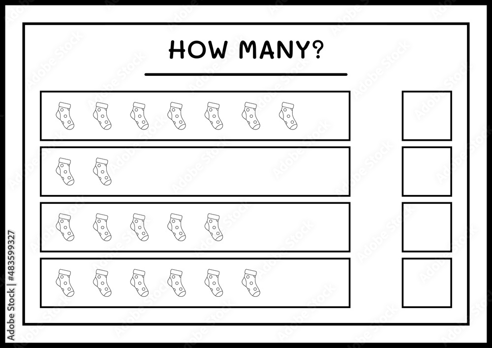 How many christmas sock, game for children. Vector illustration, printable worksheet How many christmas sock, game for children. Vector illustration, printable worksheet