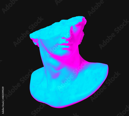 Canvas Print 3D rendering illustration of a broken marble fragment of classical head sculpture in pink and blue vaporwave design style