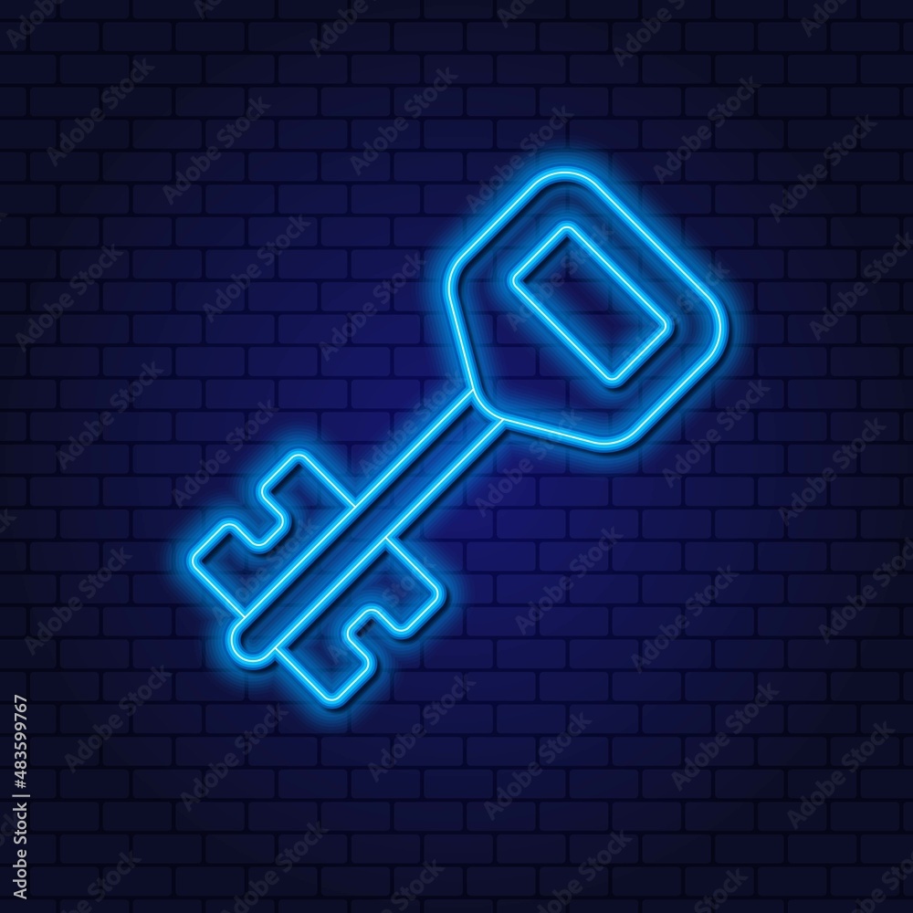 Neon key element. Contour glowing flat drawing on a dark background Neon key element. Contour glowing flat drawing on a dark background