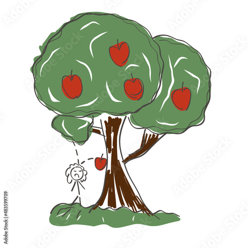 apple falls on newton's head, child's drawing, vector image on a white background
