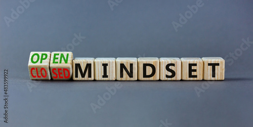 Open or closed mindset symbol. Turned wooden cubes and changed concept words closed mindset to open mindset. Beautiful grey background, copy space. Business open or closed mindset concept. © Dzmitry
