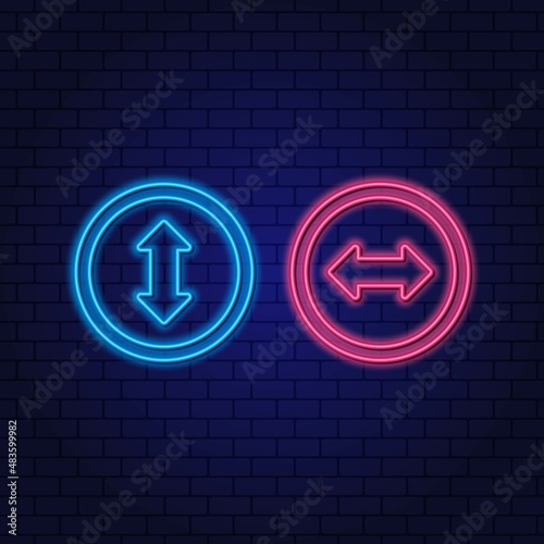 Neon equilateral direction arrows up and down, left and right. Outline retro light sign on dark background
