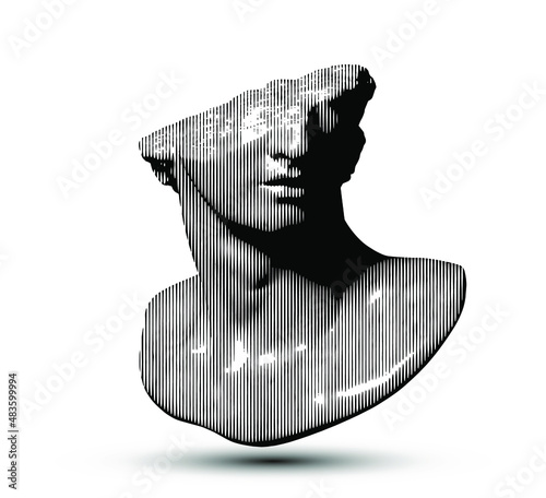 Vector black and white vertical line halftone broken classical style head sculpture fragment from 3d rendering isolated on white background.  photo