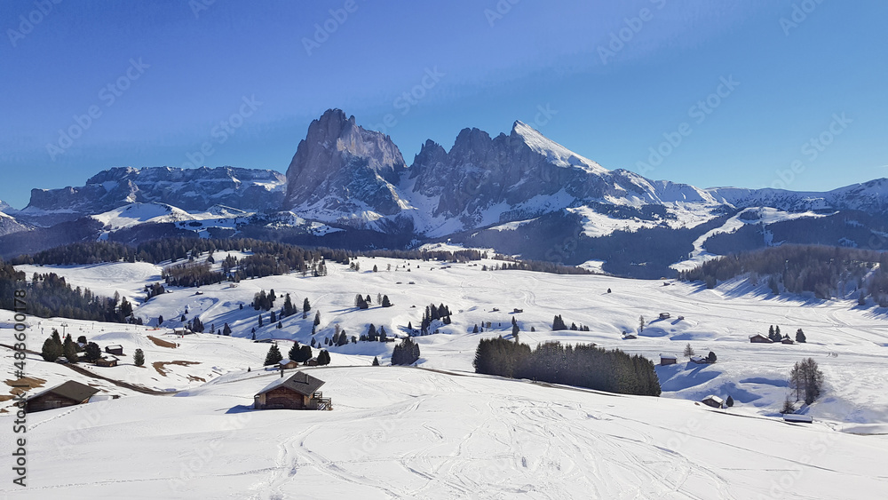 Winter landscape of  Italian Dolomiti Alps. Seiser Alm or Alpe di Siusi location, Italy.