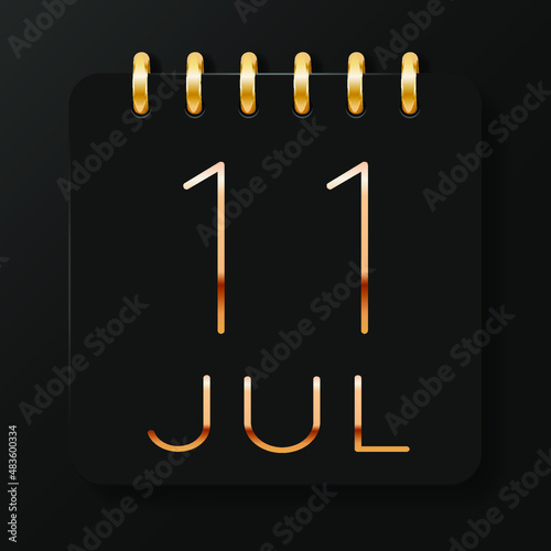 11 day of the month. July. Luxury calendar daily icon. Date day week Sunday, Monday, Tuesday, Wednesday, Thursday, Friday, Saturday. Gold text. Black background. Vector illustration.