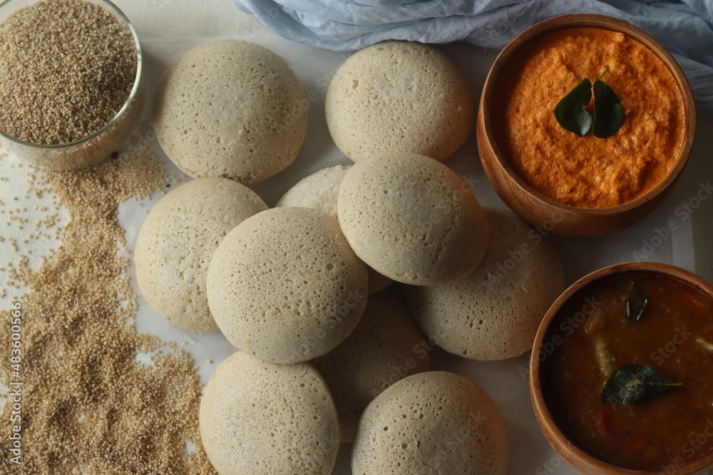 Steamed Little millet cakes or little millet idli. Made with a