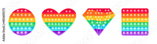 Popular Pop It Toy for Little Children. Rainbow Silicone Toy in Shape of Diamond and Heart Circle and Square. Fashion Color Cartoon style. White background. Vector illustration for Kids Fun design.