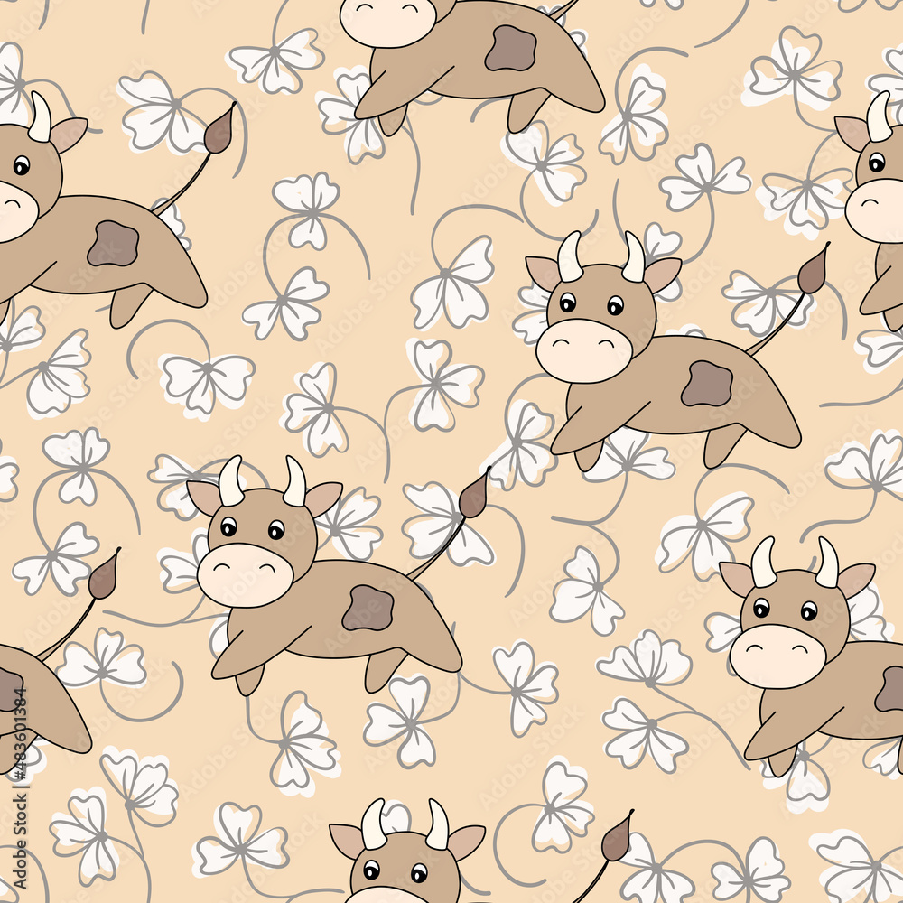 Obraz premium Vector flat animals colorful illustration for kids. Seamless pattern with cute bull and flowers on beige background. Cartoon adorable character. Design for poster, fabric, textile. Cute cow.