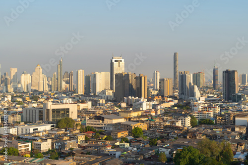 Aerial view of Bangkok Downtown Skyline  Thailand. Financial district and business centers in smart urban city in Asia. Skyscraper and high-rise buildings at sunset.