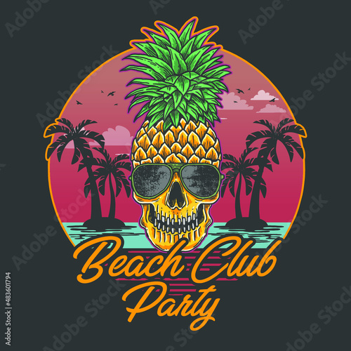 beach club party skull pineapple illustration vector