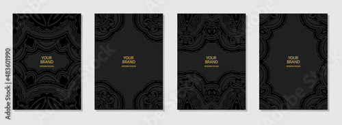Cover design set, vertical templates. Collection of embossed black backgrounds, frame for text and advertising. Geometric decorative 3d pattern. A unique ethnic group of the peoples of the East, India