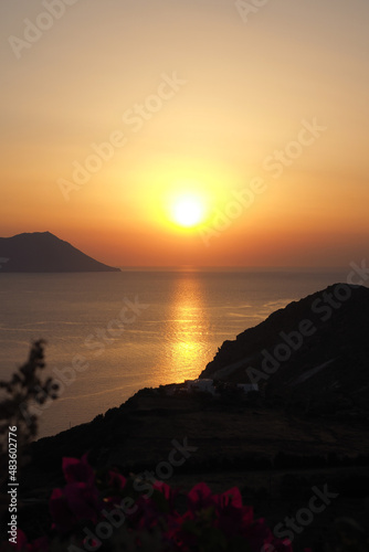 Beautiful sunset from Plaka main village of Milos island, Cyclades, Greece