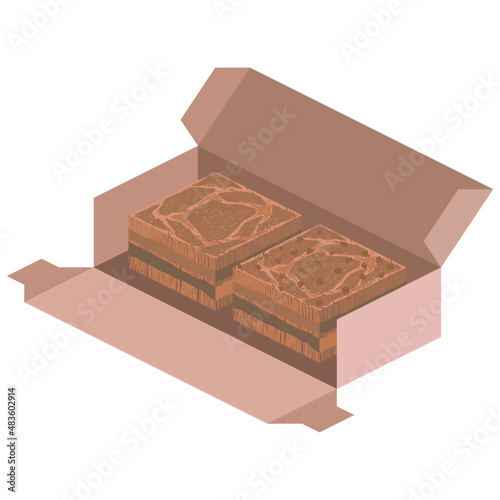 Two brownies in a brown paper box. Hand drawn line brownies. Brownies and packaging.