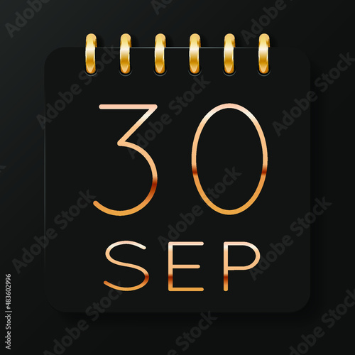 30 day of the month. September. Luxury calendar daily icon. Date day week Sunday, Monday, Tuesday, Wednesday, Thursday, Friday, Saturday. Gold text. Black background. Vector illustration.